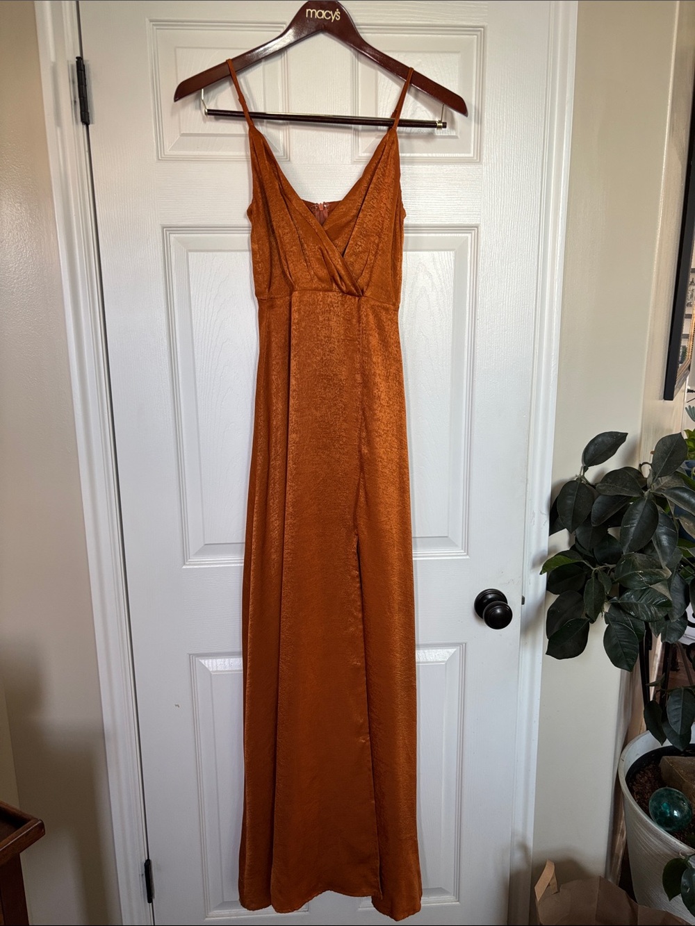 Lulu's Rust Orange Satin Maxi Slip Dress with Spaghetti Straps